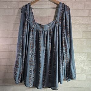 Sonoma Blue Floral Bohemian Peasant Blouse Long Sleeve Square Neck Women's 3X